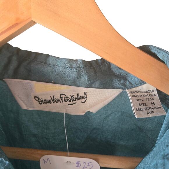 Vintage Diane Von Furstenberg Shirt Medium Blue Button Up Crinkle Retro 80s Top - Picture 3 of 6